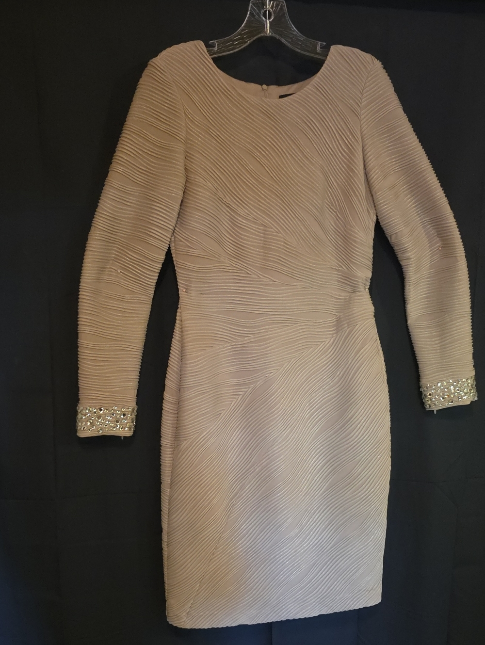 Joseph Ribkoff Beige Textured Long Sleeve Midi Dress with Beaded Cuffs